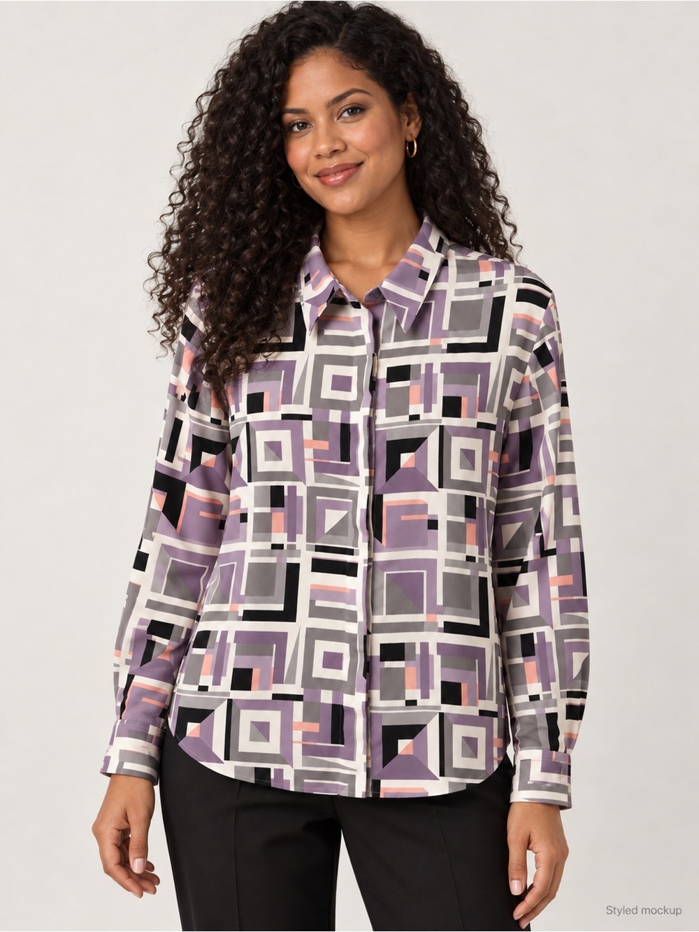 Alfred Dunner Purple Multi Geometric Button-Down Shirt